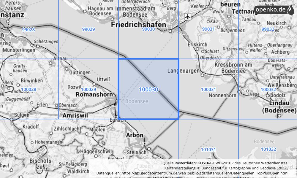 Übersichtskarte KOSTRA-DWD-2010R Rasterfeld Nr. 100030 mit angrenzenden Feldern