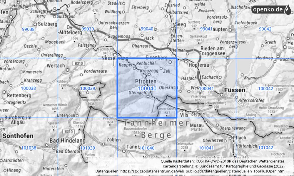 Übersichtskarte KOSTRA-DWD-2010R Rasterfeld Nr. 100040 mit angrenzenden Feldern