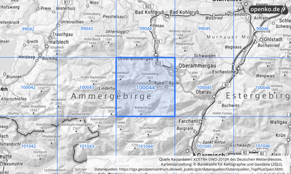 Übersichtskarte KOSTRA-DWD-2010R Rasterfeld Nr. 100044 mit angrenzenden Feldern