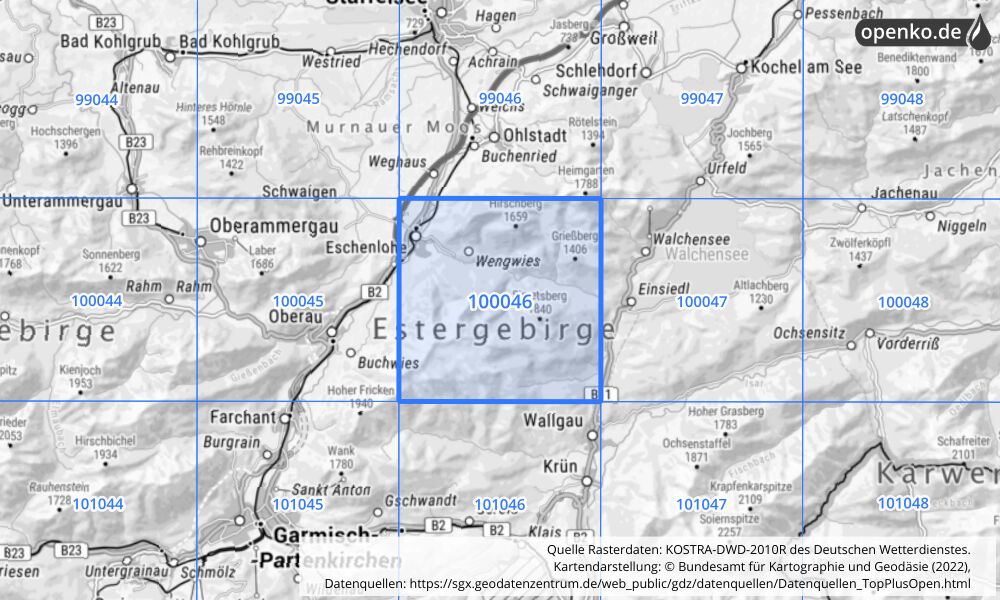 Übersichtskarte KOSTRA-DWD-2010R Rasterfeld Nr. 100046 mit angrenzenden Feldern