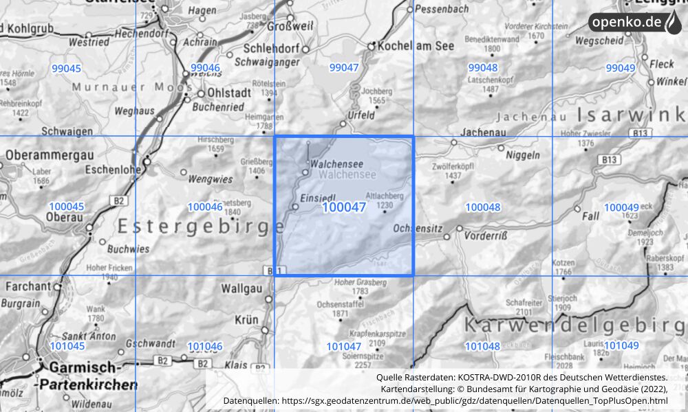 Übersichtskarte KOSTRA-DWD-2010R Rasterfeld Nr. 100047 mit angrenzenden Feldern