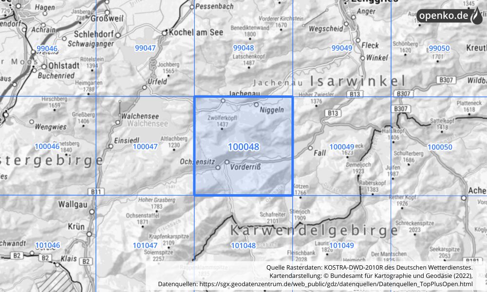 Übersichtskarte KOSTRA-DWD-2010R Rasterfeld Nr. 100048 mit angrenzenden Feldern