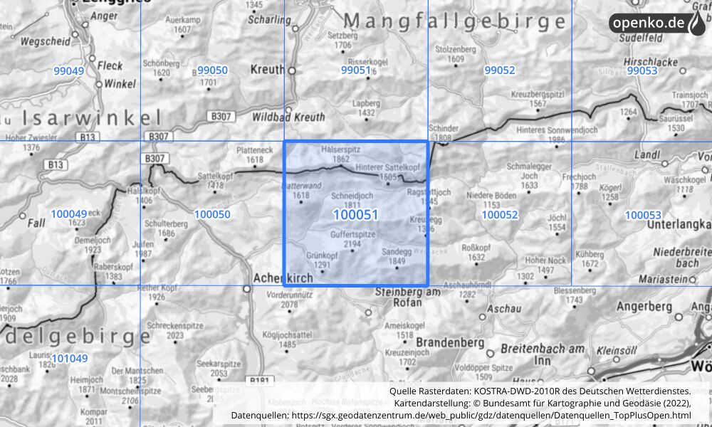 Übersichtskarte KOSTRA-DWD-2010R Rasterfeld Nr. 100051 mit angrenzenden Feldern