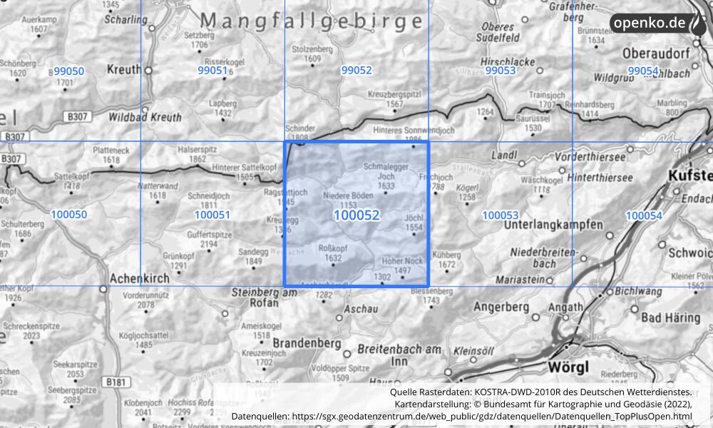 Übersichtskarte KOSTRA-DWD-2010R Rasterfeld Nr. 100052 mit angrenzenden Feldern