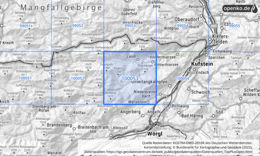 Übersichtskarte KOSTRA-DWD-2010R Rasterfeld Nr. 100053 mit angrenzenden Feldern