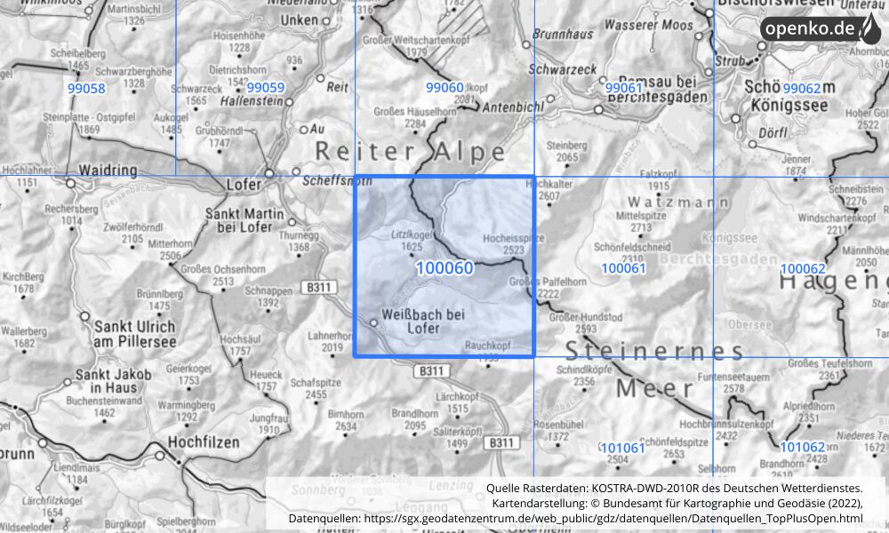 Übersichtskarte KOSTRA-DWD-2010R Rasterfeld Nr. 100060 mit angrenzenden Feldern