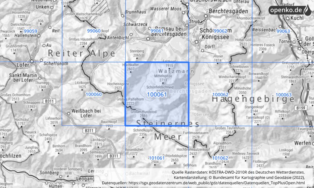 Übersichtskarte KOSTRA-DWD-2010R Rasterfeld Nr. 100061 mit angrenzenden Feldern