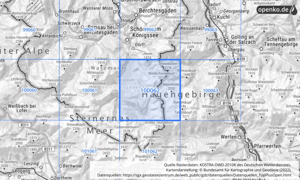 Übersichtskarte KOSTRA-DWD-2010R Rasterfeld Nr. 100062 mit angrenzenden Feldern