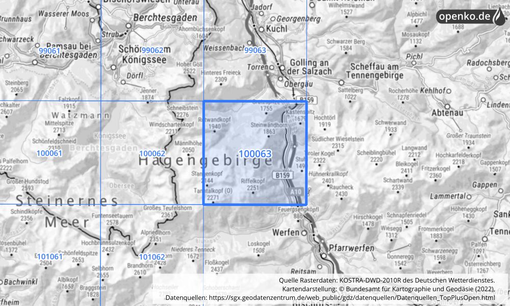 Übersichtskarte KOSTRA-DWD-2010R Rasterfeld Nr. 100063 mit angrenzenden Feldern