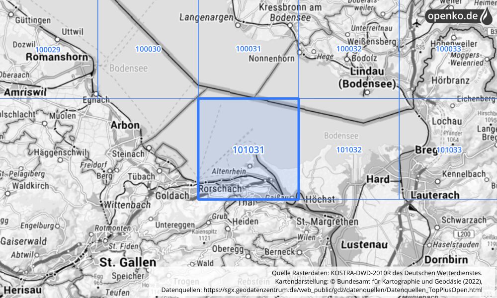 Übersichtskarte KOSTRA-DWD-2010R Rasterfeld Nr. 101031 mit angrenzenden Feldern