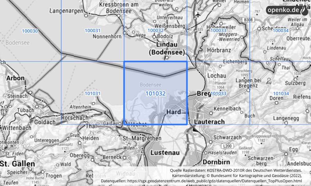 Übersichtskarte KOSTRA-DWD-2010R Rasterfeld Nr. 101032 mit angrenzenden Feldern