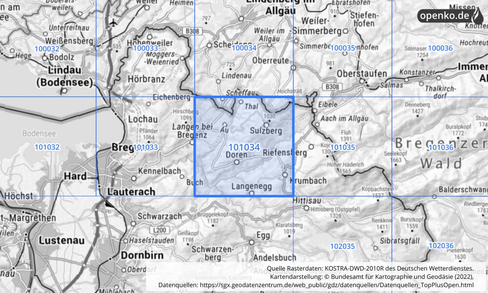 Übersichtskarte KOSTRA-DWD-2010R Rasterfeld Nr. 101034 mit angrenzenden Feldern
