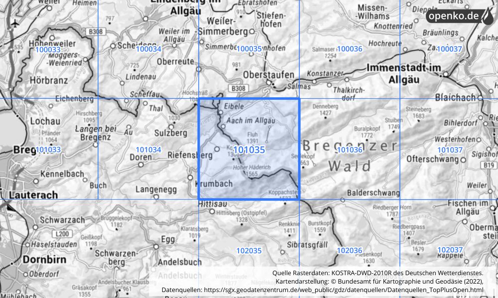 Übersichtskarte KOSTRA-DWD-2010R Rasterfeld Nr. 101035 mit angrenzenden Feldern