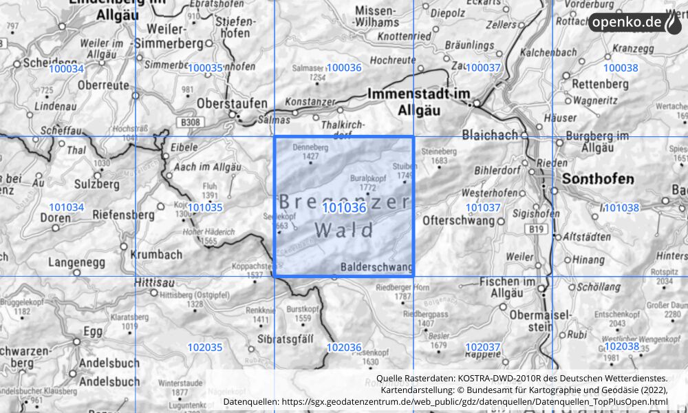 Übersichtskarte KOSTRA-DWD-2010R Rasterfeld Nr. 101036 mit angrenzenden Feldern