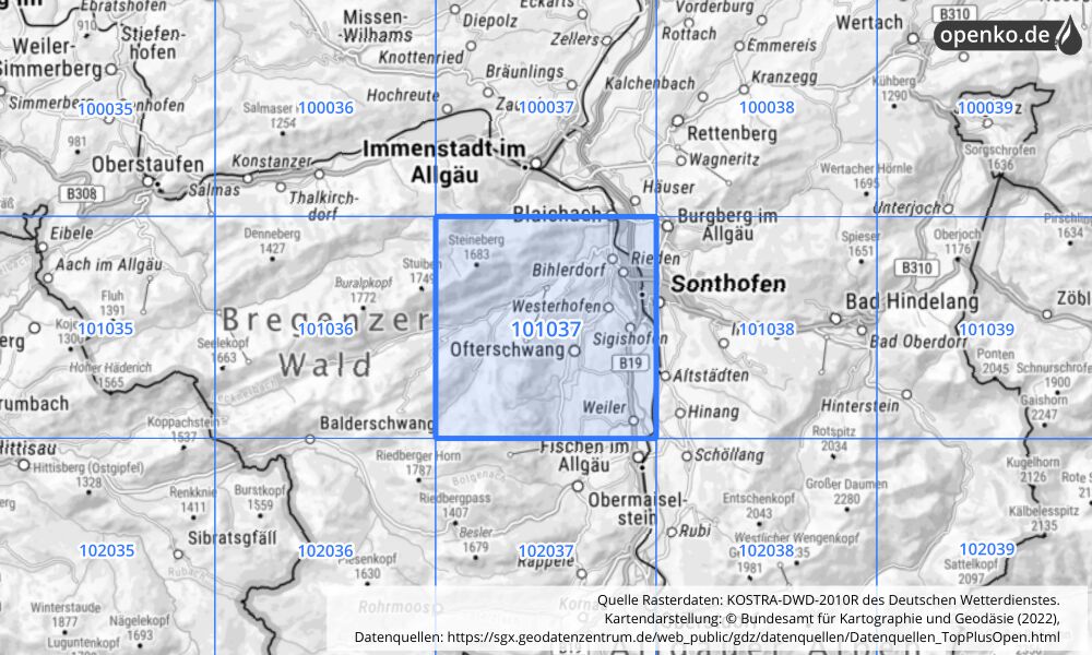 Übersichtskarte KOSTRA-DWD-2010R Rasterfeld Nr. 101037 mit angrenzenden Feldern