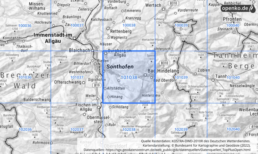 Übersichtskarte KOSTRA-DWD-2010R Rasterfeld Nr. 101038 mit angrenzenden Feldern