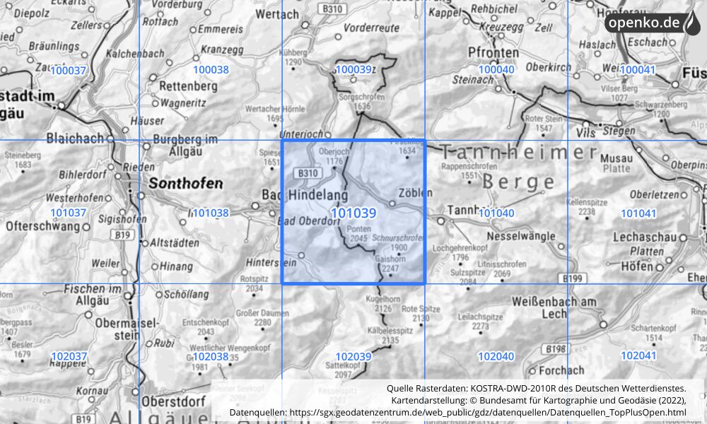 Übersichtskarte KOSTRA-DWD-2010R Rasterfeld Nr. 101039 mit angrenzenden Feldern