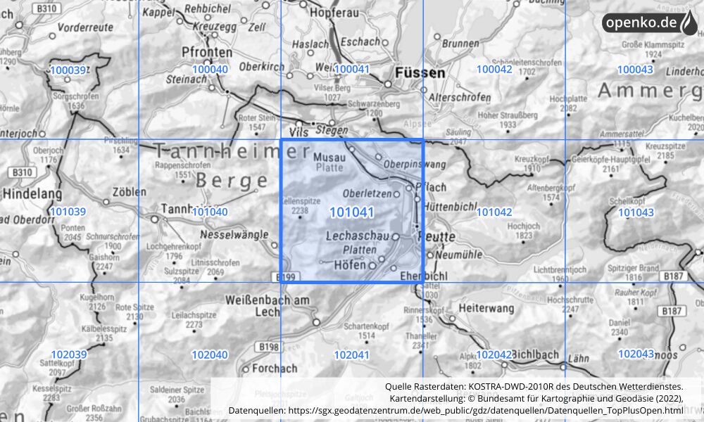 Übersichtskarte KOSTRA-DWD-2010R Rasterfeld Nr. 101041 mit angrenzenden Feldern