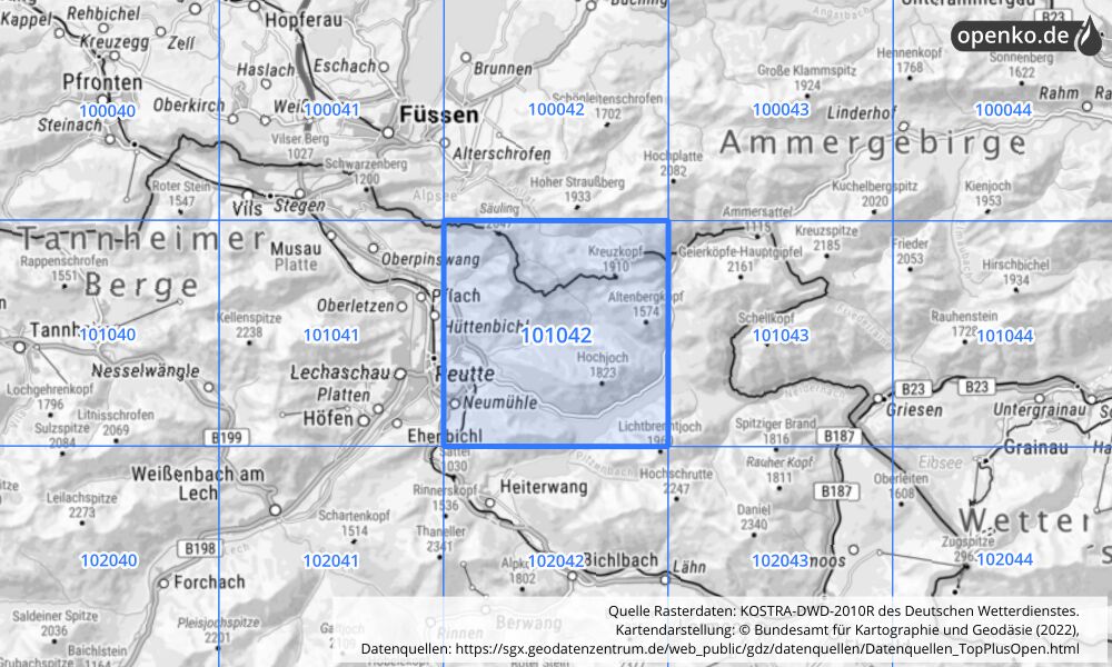 Übersichtskarte KOSTRA-DWD-2010R Rasterfeld Nr. 101042 mit angrenzenden Feldern