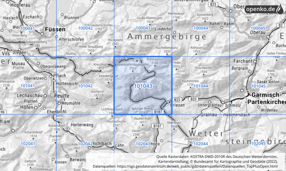 Übersichtskarte KOSTRA-DWD-2010R Rasterfeld Nr. 101043 mit angrenzenden Feldern