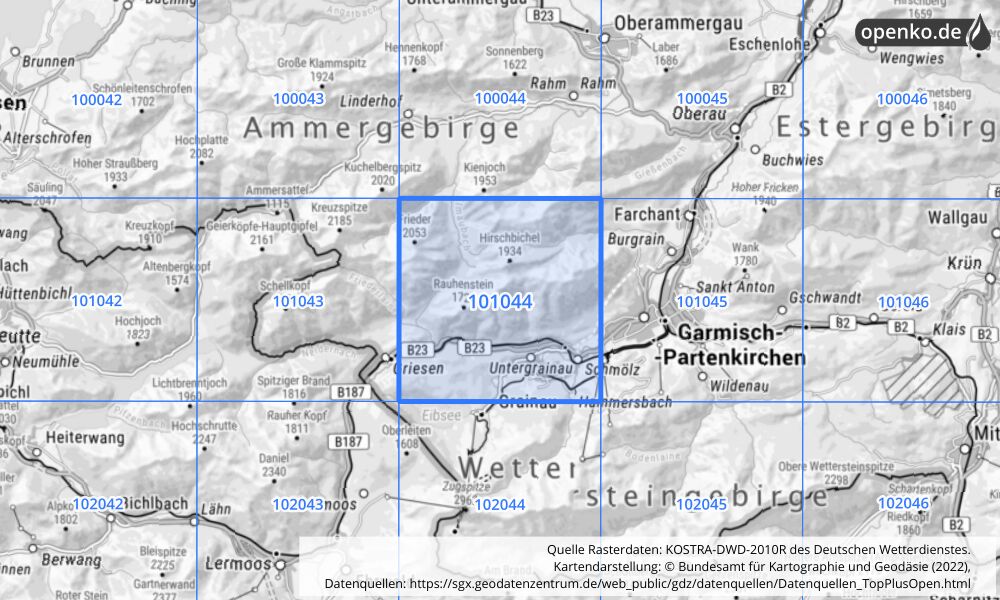 Übersichtskarte KOSTRA-DWD-2010R Rasterfeld Nr. 101044 mit angrenzenden Feldern