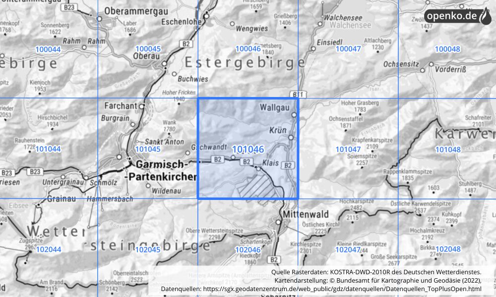 Übersichtskarte KOSTRA-DWD-2010R Rasterfeld Nr. 101046 mit angrenzenden Feldern