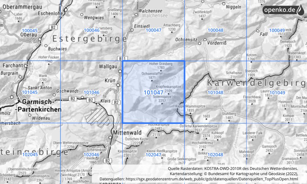 Übersichtskarte KOSTRA-DWD-2010R Rasterfeld Nr. 101047 mit angrenzenden Feldern
