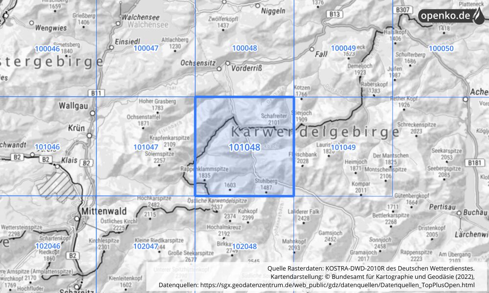 Übersichtskarte KOSTRA-DWD-2010R Rasterfeld Nr. 101048 mit angrenzenden Feldern
