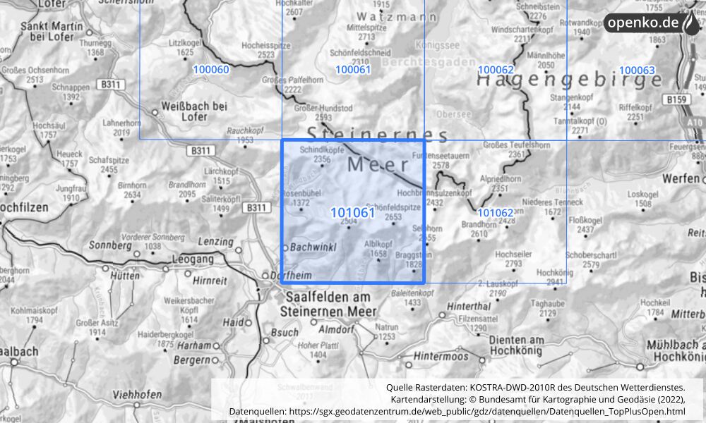 Übersichtskarte KOSTRA-DWD-2010R Rasterfeld Nr. 101061 mit angrenzenden Feldern