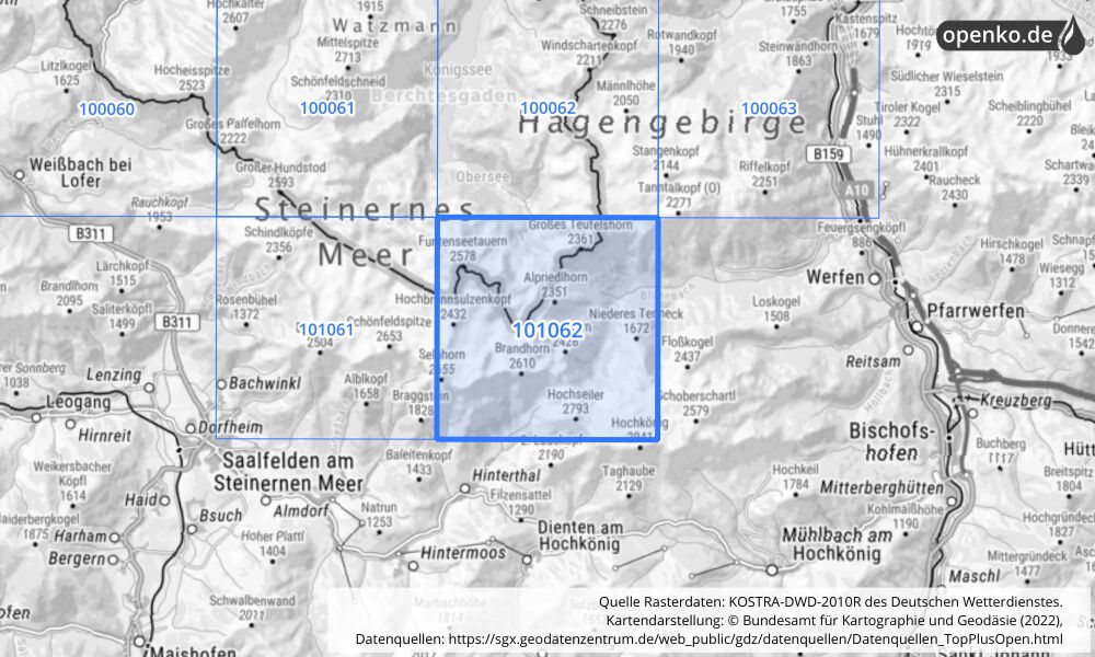 Übersichtskarte KOSTRA-DWD-2010R Rasterfeld Nr. 101062 mit angrenzenden Feldern