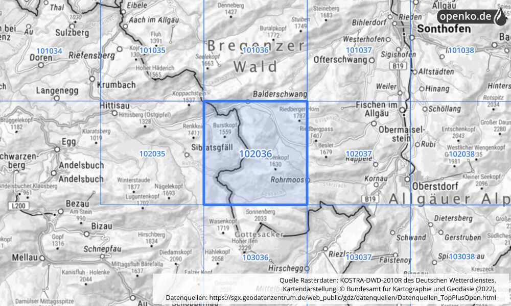 Übersichtskarte KOSTRA-DWD-2010R Rasterfeld Nr. 102036 mit angrenzenden Feldern