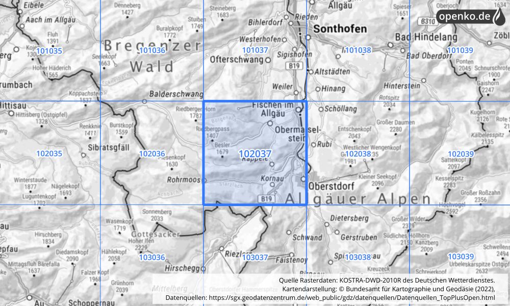 Übersichtskarte KOSTRA-DWD-2010R Rasterfeld Nr. 102037 mit angrenzenden Feldern