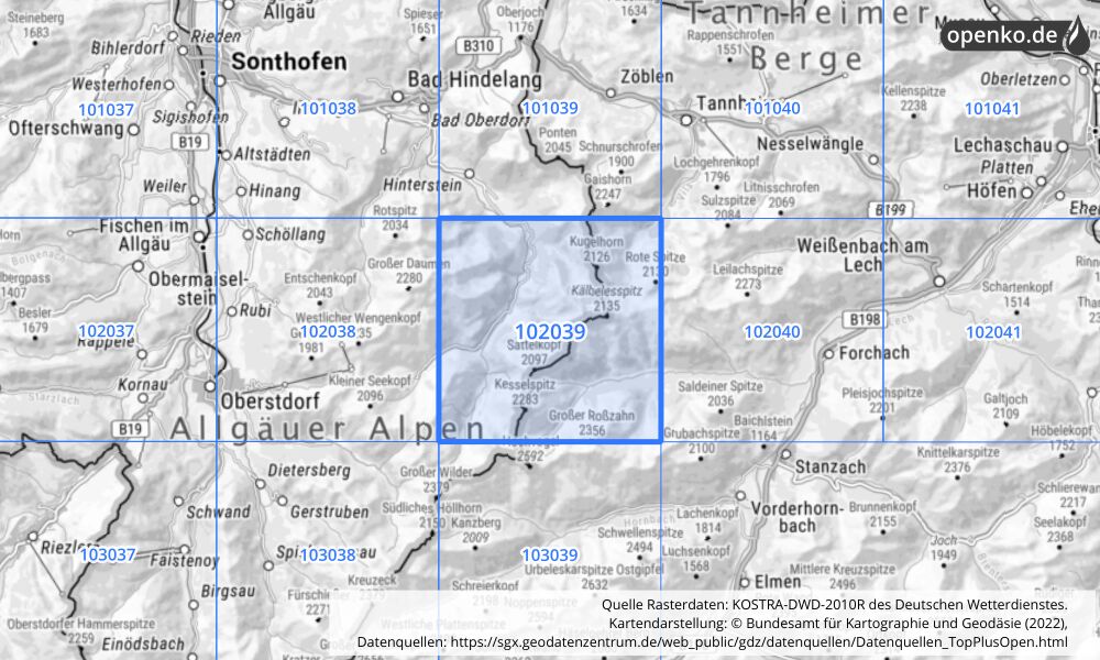 Übersichtskarte KOSTRA-DWD-2010R Rasterfeld Nr. 102039 mit angrenzenden Feldern