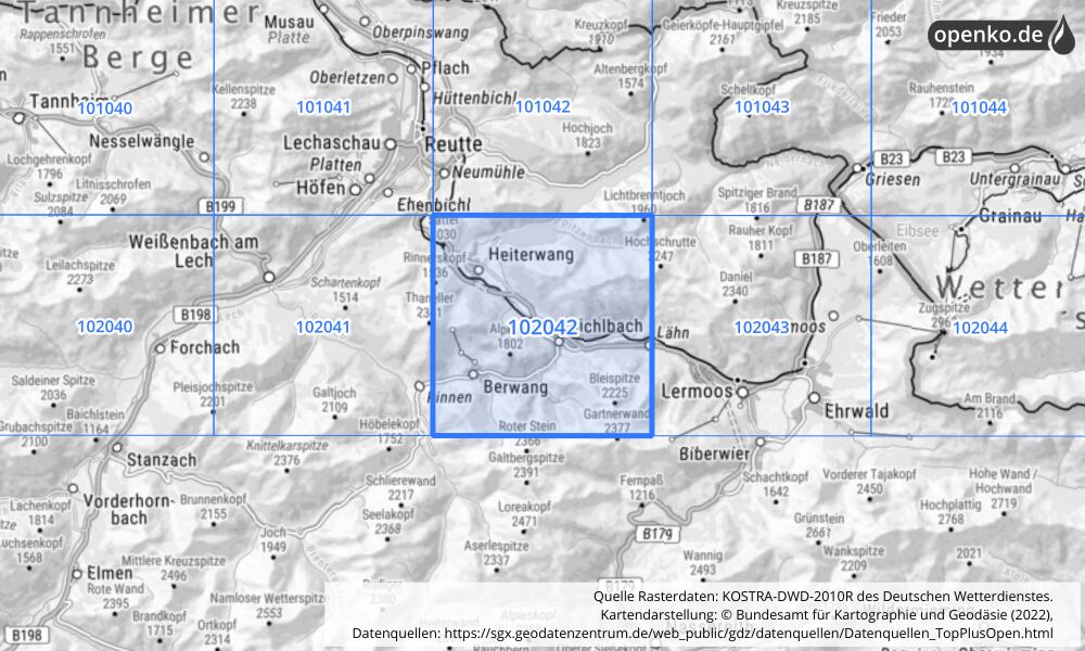 Übersichtskarte KOSTRA-DWD-2010R Rasterfeld Nr. 102042 mit angrenzenden Feldern