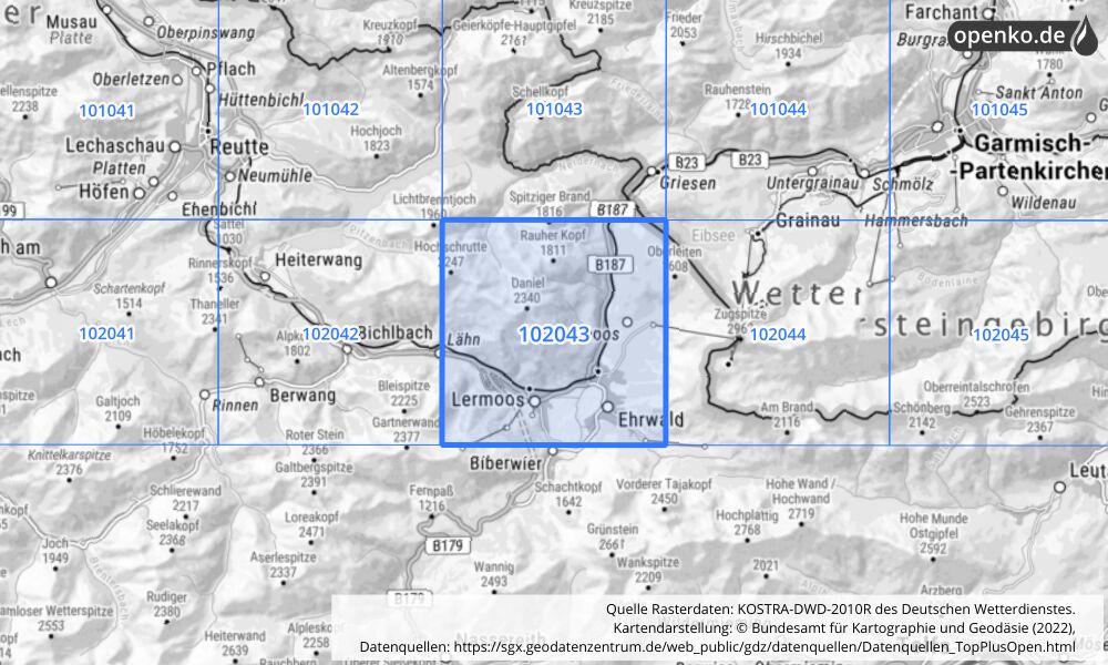 Übersichtskarte KOSTRA-DWD-2010R Rasterfeld Nr. 102043 mit angrenzenden Feldern