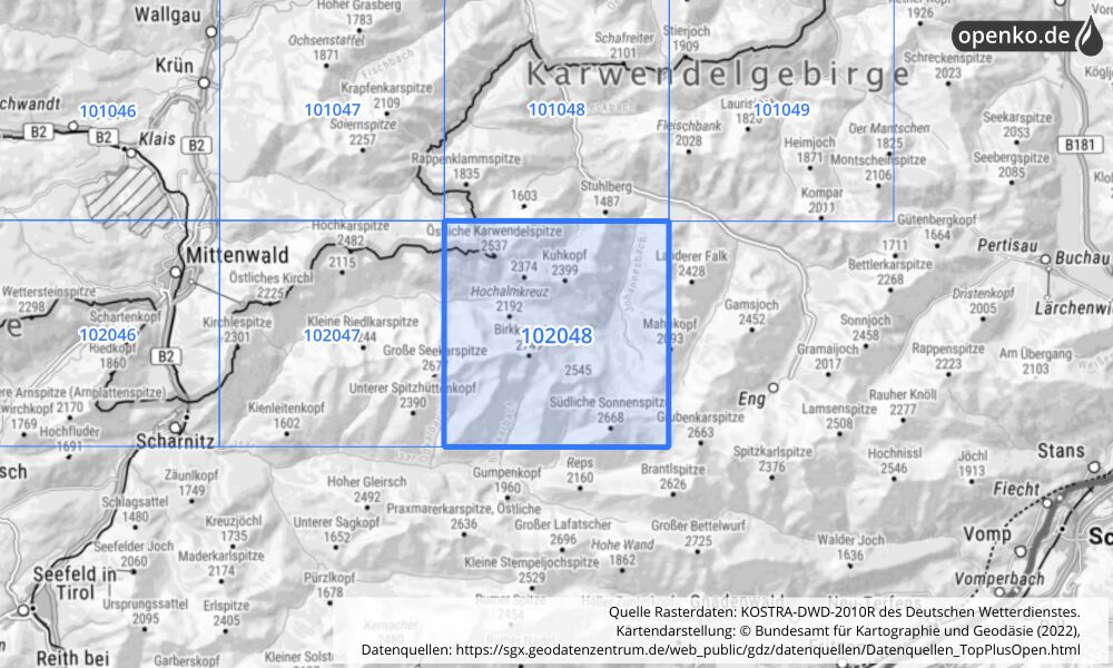 Übersichtskarte KOSTRA-DWD-2010R Rasterfeld Nr. 102048 mit angrenzenden Feldern