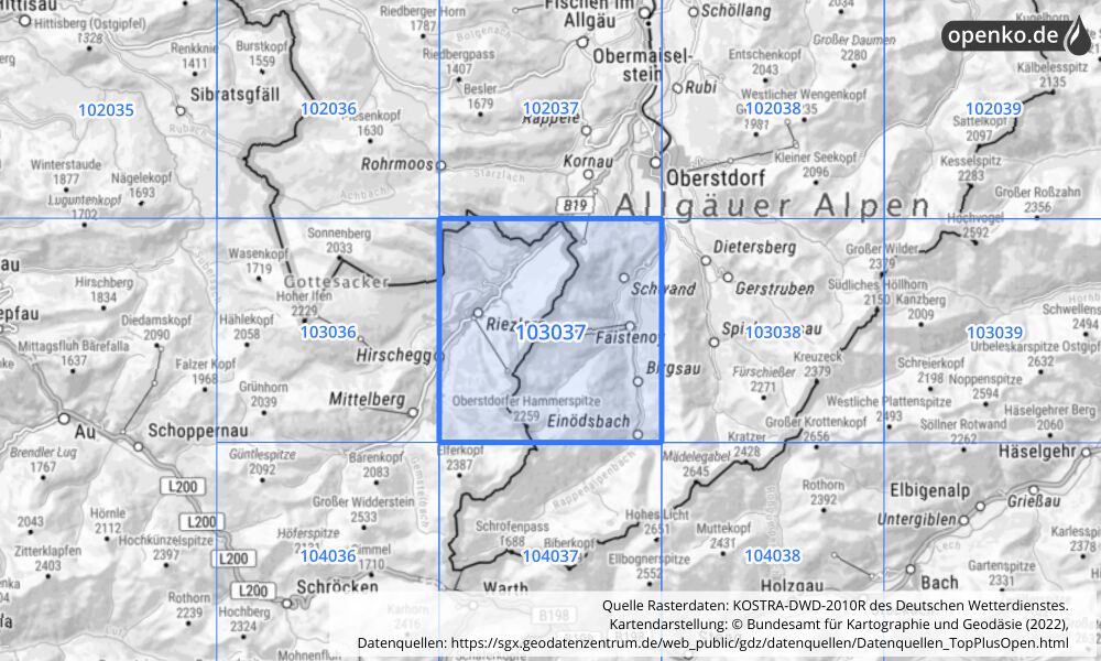 Übersichtskarte KOSTRA-DWD-2010R Rasterfeld Nr. 103037 mit angrenzenden Feldern