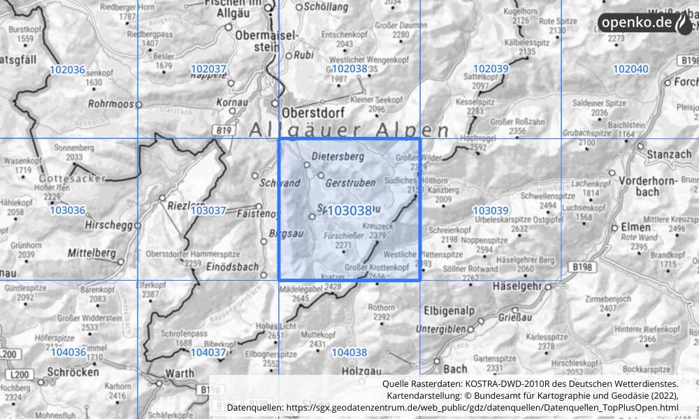 Übersichtskarte KOSTRA-DWD-2010R Rasterfeld Nr. 103038 mit angrenzenden Feldern