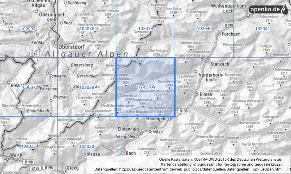 Übersichtskarte KOSTRA-DWD-2010R Rasterfeld Nr. 103039 mit angrenzenden Feldern