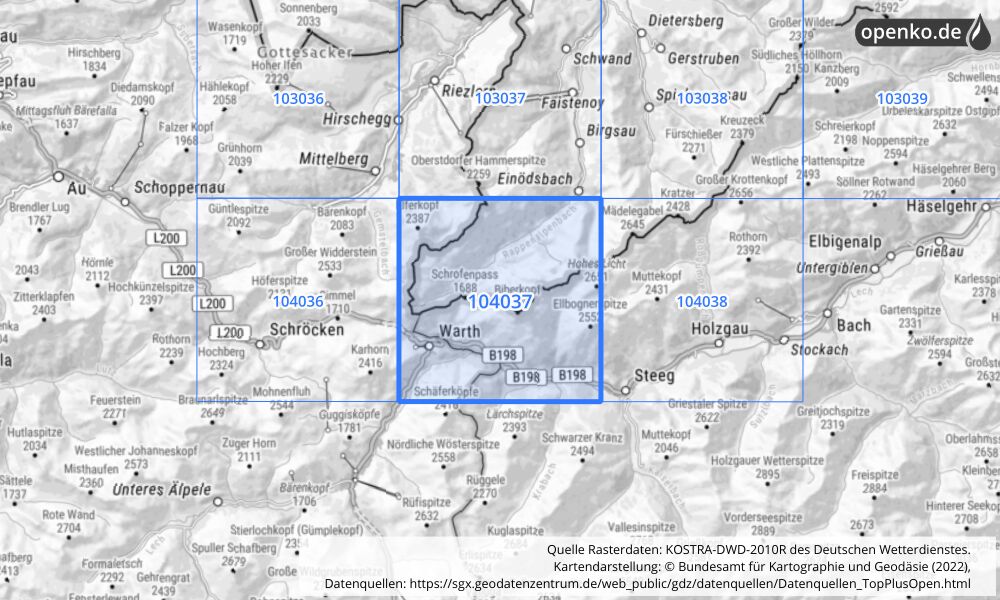 Übersichtskarte KOSTRA-DWD-2010R Rasterfeld Nr. 104037 mit angrenzenden Feldern