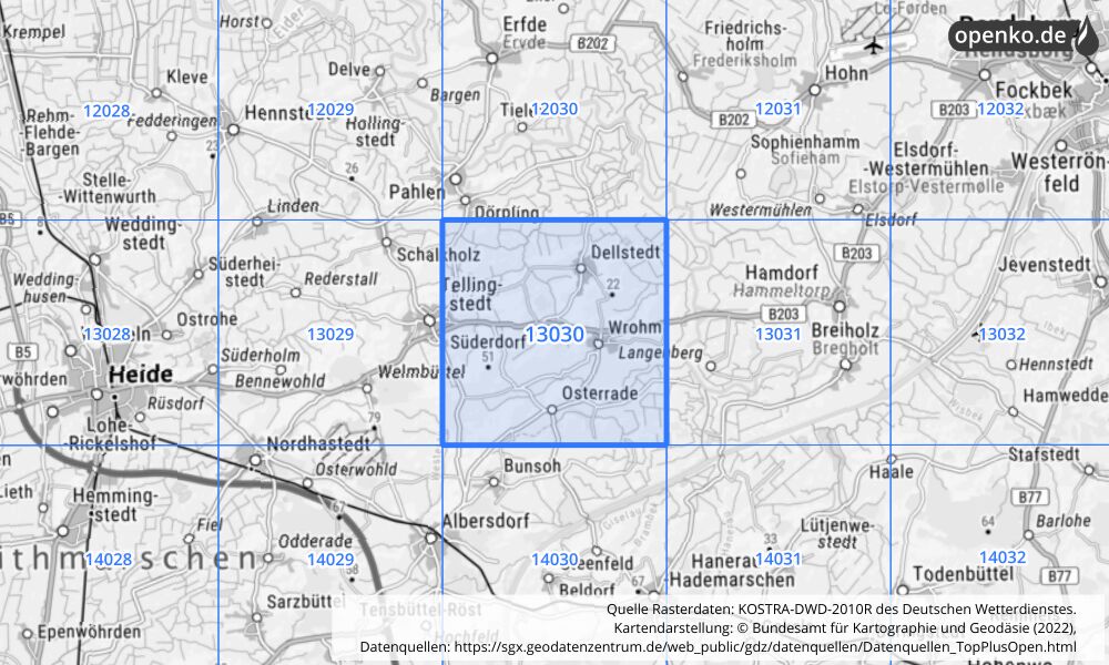 Übersichtskarte KOSTRA-DWD-2010R Rasterfeld Nr. 13030 mit angrenzenden Feldern