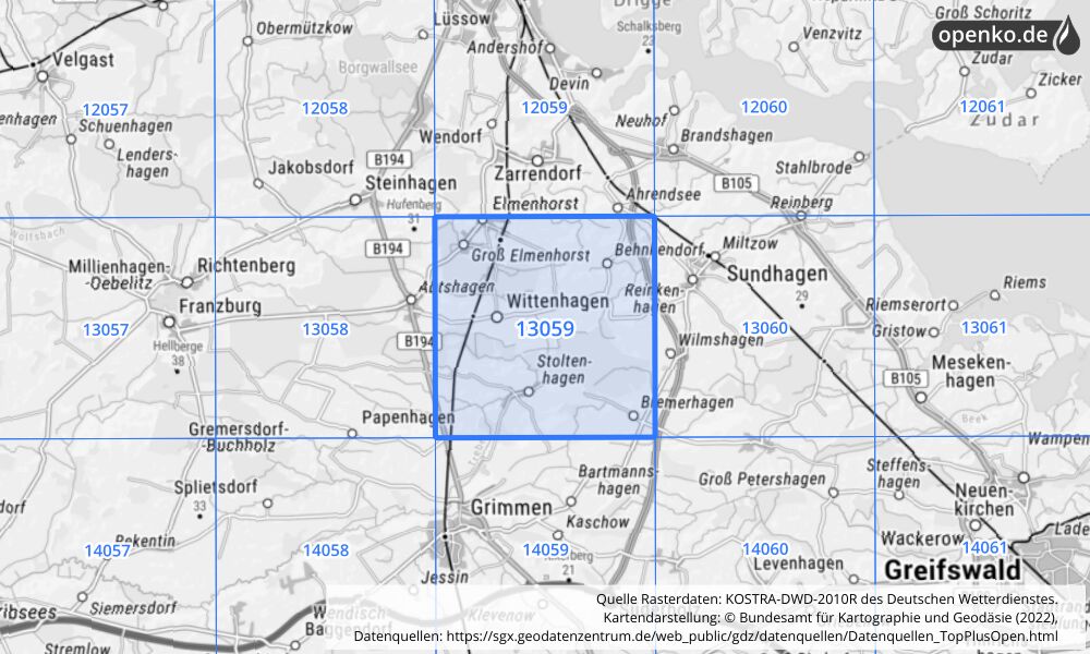 Übersichtskarte KOSTRA-DWD-2010R Rasterfeld Nr. 13059 mit angrenzenden Feldern