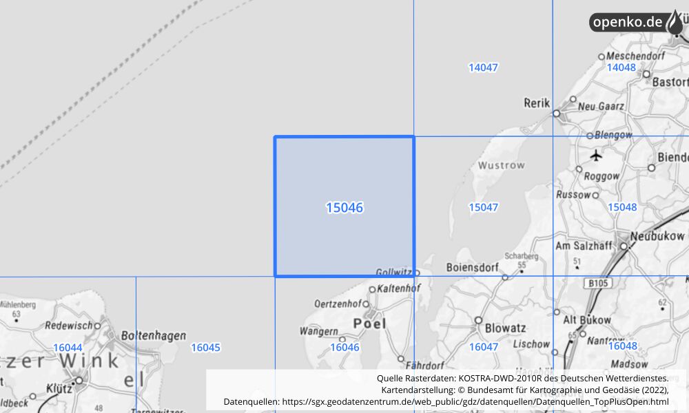 Übersichtskarte KOSTRA-DWD-2010R Rasterfeld Nr. 15046 Übersichtskarte KOSTRA-DWD-2010R Rasterfeld Nr. 15046 mit angrenzenden Feldern