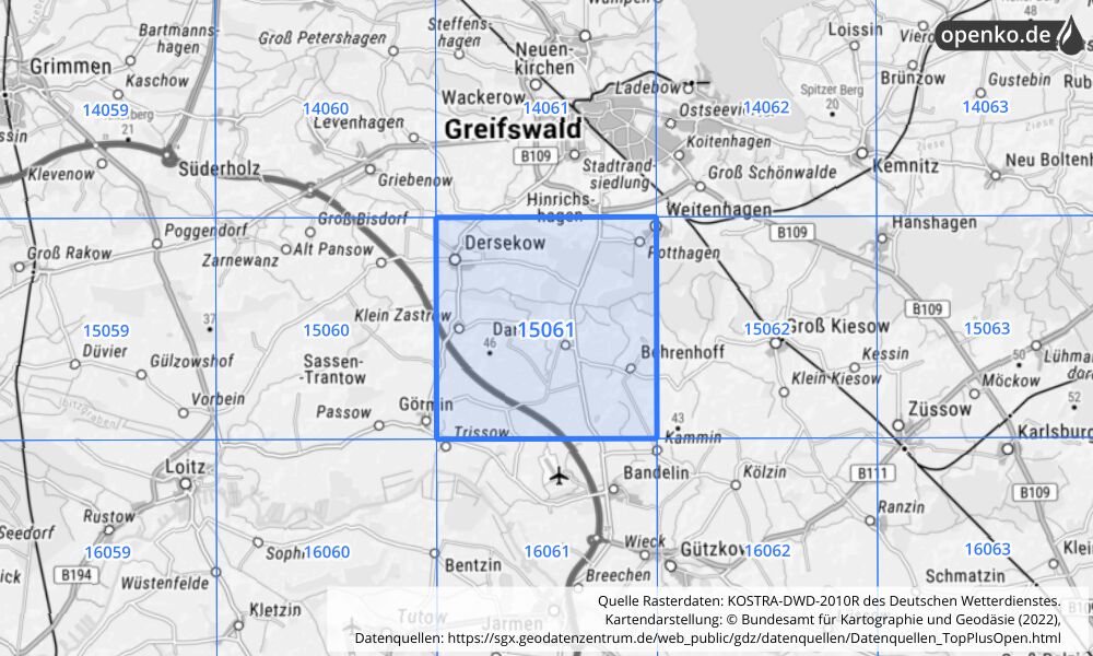 Übersichtskarte KOSTRA-DWD-2010R Rasterfeld Nr. 15061 mit angrenzenden Feldern