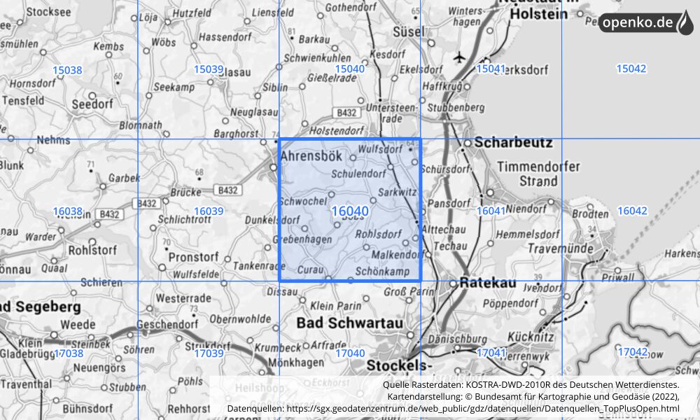 Übersichtskarte KOSTRA-DWD-2010R Rasterfeld Nr. 16040 mit angrenzenden Feldern
