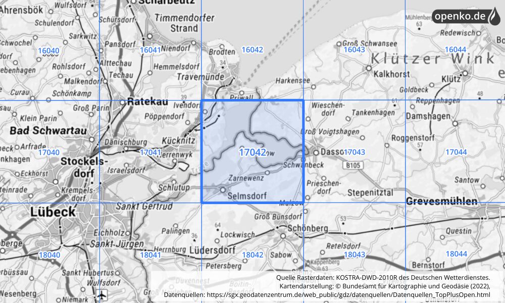 Übersichtskarte KOSTRA-DWD-2010R Rasterfeld Nr. 17042 mit angrenzenden Feldern