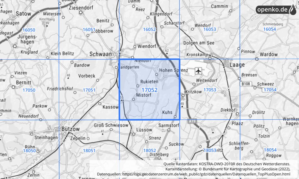Übersichtskarte KOSTRA-DWD-2010R Rasterfeld Nr. 17052 mit angrenzenden Feldern