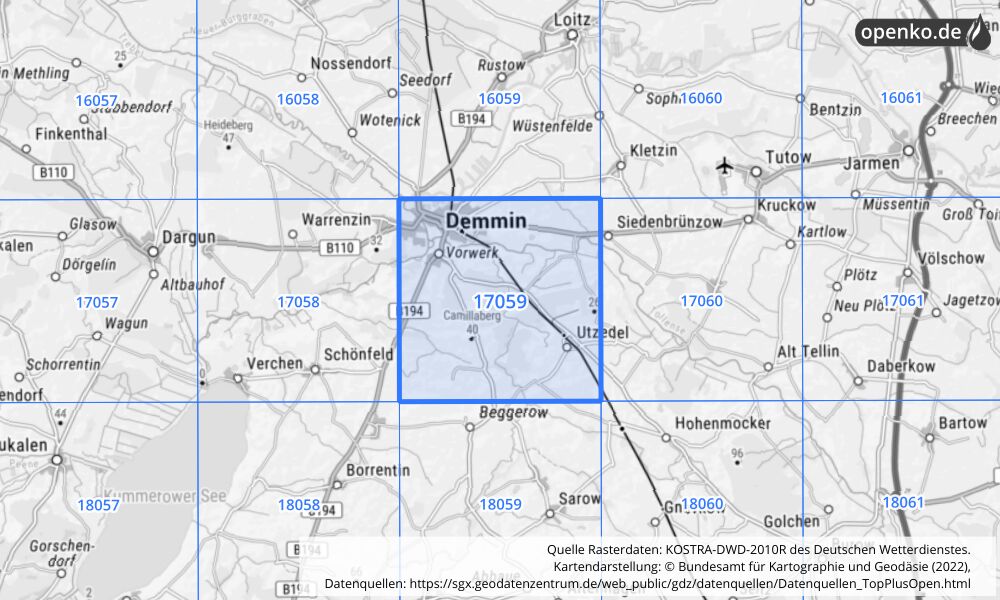 Übersichtskarte KOSTRA-DWD-2010R Rasterfeld Nr. 17059 mit angrenzenden Feldern