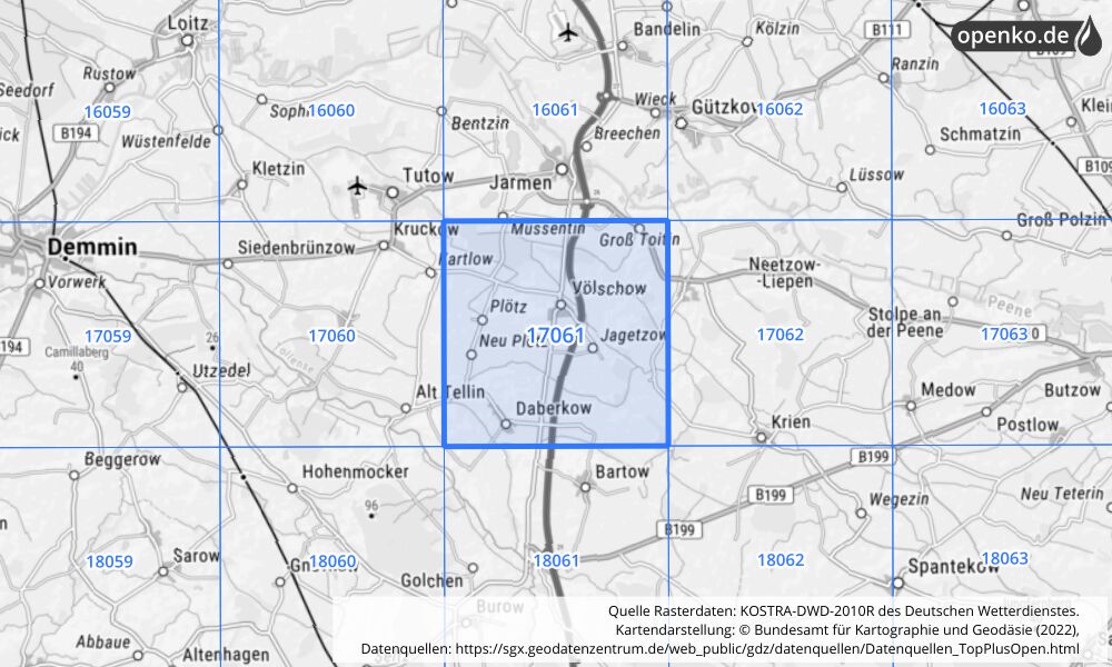 Übersichtskarte KOSTRA-DWD-2010R Rasterfeld Nr. 17061 mit angrenzenden Feldern
