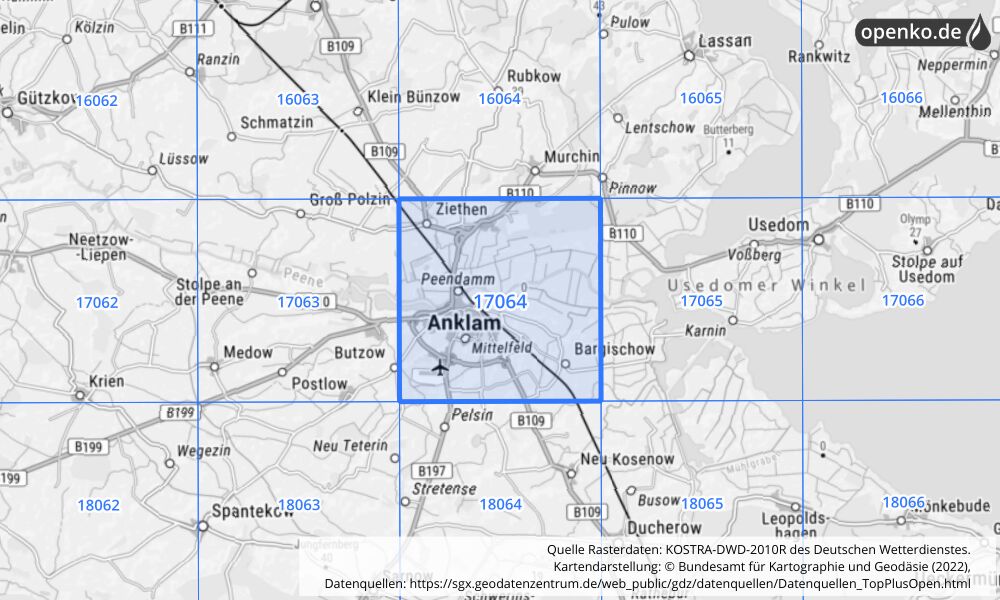 Übersichtskarte KOSTRA-DWD-2010R Rasterfeld Nr. 17064 mit angrenzenden Feldern